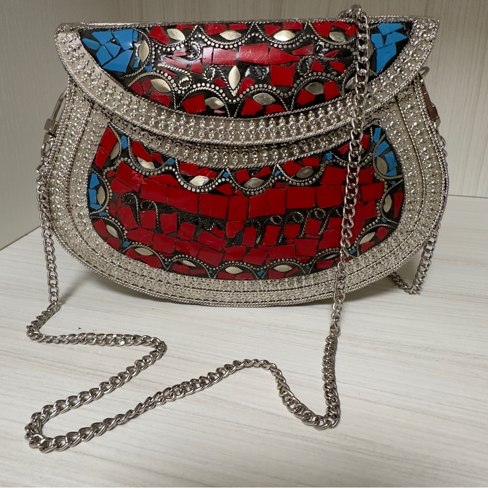 Elegant Mosaic Shoulder Bag in Silver, Red, and Blue by RAMLA